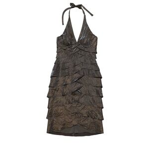 Y2K Cache Prom Dress Women 6 Brown Shimmer Ruffle Tiered Midi Deep V Neck Halter
